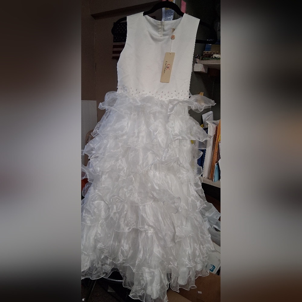 Nwt Grace Karin Girls Sz. 10 Elegant White Ruffled Dress